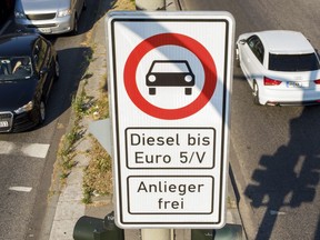 A sign with a ban for all old diesel cars, not conforming with the Euro 5/V norm, displayed at a main road in Hamburg, Germany, Thursday, May31, 2018. Hamburg starts with the ban of old diesel cars from some main roads in the city.