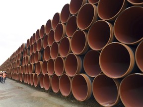 FILE - In this May 8, 2017 photo steel pipes for the North Stream 2 pipeline are stacked in Mukran harbour in Sassnitz, Germany. American officials say a pipeline project between Russia and Germany risks triggering U.S. sanctions because of security concerns. Senior State Department diplomat Sandra Oudkirk says the United States opposes the Nord Stream 2 gas pipeline because it could increase Russia's "malign influence" in Europe.