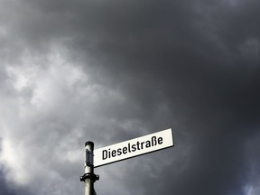 FILE - The  Sept. 29, 2015 photo shows the street sign of the Dieselstrasse (Diesel Street) in Wolfsburg, Germany. The northern German city of Hamburg is going to ban older Diesel cars from two streets to combat air pollution.