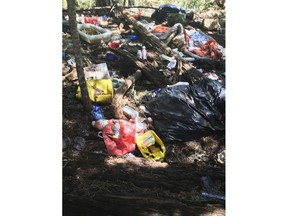 This Thursday, May 24, 2018, photo provided by the U.S. Attorney's Office shows trash found at an illegal marijuana grow site near Hayfork, Calif. Researchers and federal authorities are finding what they say is an alarming increase in the use of a powerful pesticide at illegal marijuana farms hidden on public land.