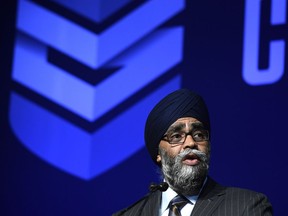 Minister of National Defence Harjit Sajjan speaks at the Canadian Association of Defence and Security Industries CANSEC trade show in Ottawa on Wednesday, May 30, 2018.