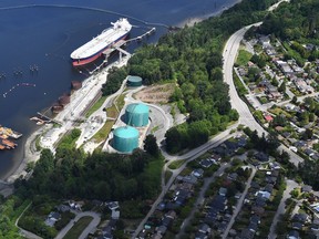 A aerial view of Kinder Morgan's Trans Mountain marine terminal, in Burnaby, B.C., is shown on Tuesday, May 29, 2018. The federal Liberal government is spending $4.5 billion to buy Trans Mountain and all of Kinder Morgan Canada's core assets, Finance Minister Bill Morneau said Tuesday as he unveiled the government's long-awaited, big-budget strategy to save the plan to expand the oilsands pipeline.THE CANADIAN PRESS Jonathan Hayward