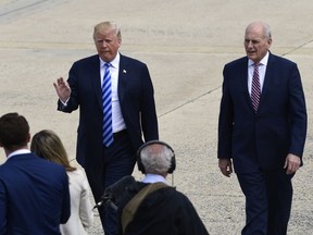President Donald Trump and White House Chief of Staff John Kelly walk on the tarmac at Andrews Air Force Base before boarding Air Force One, Friday, May 4, 2018. Trump is traveling to Dallas where he will address the NRA convention.