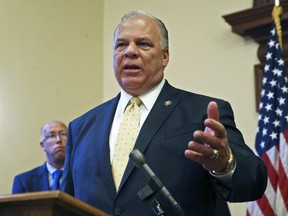 FILE – In this Aug. 29, 2016, file photo, New Jersey state Senate President Steve Sweeney proposes disaster preparedness funding for county emergency management offices while addressing a gathering at the Statehouse in Trenton, N.J. On Wednesday May 23, 2018, Sweeney released a letter he sent to governors of all 50 states urging them to resist so-called "integrity fee" payments to the professional sports leagues in any sports betting legislation they enact.