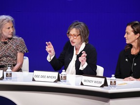 From left, Kim Sinatra, Dee Dee Myers, executive vice president at Warner Bros., and Wendy Webb, CEO of Kestrel Advisors, participate during a women's forum at the Wynn hotel and casino, Monday, May 14, 2018, in Las Vegas.
