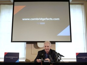 FILE - In this April 24, 2018 file photo, Cambridge Analytica spokesperson Clarence Mitchell speaks during a news conference in London. Cambridge Analytica, which allegedly misused data from millions of Facebook users to help President Donald Trump's 2016 election campaign, has filed for Chapter 7 bankruptcy protection in the U.S. The U.K. firm said in a New York court filing late Thursday, May 17, that its assets totaled $100,001 to $500,000. Its liabilities are between $1 million and $10 million.  Cambridge Analytica has previously said that none of the Facebook data it acquired from an academic researcher was used in the Trump campaign.