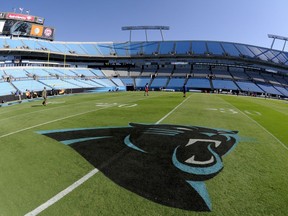 FILE - In this Sept. 22, 2013, file photo, a Carolina Panthers logo is displayed on the field at Bank of America Stadium prior to an NFL football game between the Carolina Panthers and the New York Giants in Charlotte, N.C. People familiar with the situation say hedge fund manager David Tepper has agreed to buy the Panthers from team founder Jerry Richardson for a record $2.2 billion. The people spoke to The Associated Press on Tuesday, May 15, 2018, on condition of anonymity because the team has not yet announced the sale. The purchase is subject to a vote at the NFL owners meeting next week in Atlanta.