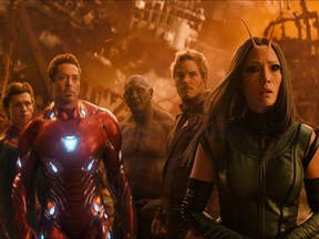 This image released by Marvel Studios shows, from left, Tom Holland, Robert Downey Jr., Dave Bautista, Chris Pratt and Pom Klementieff in a scene from "Avengers: Infinity War." (Marvel Studios via AP)