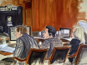 In this Tuesday, Nov. 28, 2017, file courtroom sketch, defendant Mehmet Hakan Atilla, center, listens to proceedings from the defense table in New York. Defense lawyers say Atilla, a Turkish banker convicted of helping Iran evade U.S. sanctions, deserves leniency, but prosecutors want him locked up for at least 15 years. U.S. District Judge Richard Berman will sentence Atilla on Wednesday, May 16, 2018, in Manhattan.