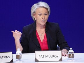 FILE- In this May 14, 2018, file photo, Pat Mulroy speaks during a women's forum at the Wynn hotel and casino in Las Vegas. The chairwoman of the internal committee of Wynn Resorts looking into the sexual misconduct allegations leveled against the casino operator's founder said Wednesday, May 16, more than 100 people have been interviewed in the investigation.