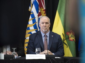 British Columbia Premier John Horgan takes part in a media event at the Western Premiers' Conference in Yellowknife, N.T., Wednesday, May 23, 2018.