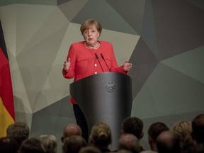 German Chancellor Angela Merkel speaks during her visit to a meeting of German Bundeswehr (Army) in Berlin, Germany, Monday, May 14,2018.
