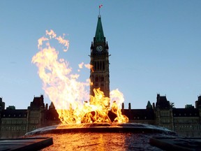 The Centennial Flame lights up Parliament Hill in Ottawa.