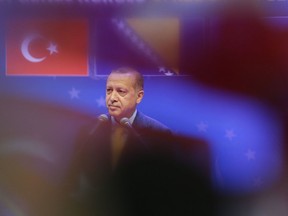Turkey's president Recep Tayyip Erdogan delivers his speech in Sarajevo, Bosnia, on Sunday, May 20, 2018. Turkey's president Recep Tayyip Erdogan arrived in the Bosnian capital to address supporters living in Europe, ahead of snap elections in his country. Turkey will vote on June 24, more than a year earlier than scheduled, in parliamentary and presidential elections, ushering in a new system of governance.