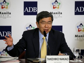 Takehiko Nakao, President of Asian Development Bank, Asia's premier lending institution, gestures during a news conference at the ongoing 51st ADB Annual Governor's Meeting Thursday, May 3, 2018 in suburban Mandaluyong city northeast of Manila, Philippines. The Asian Development Bank's chief says trade in Asia, growing at a fast clip since 2017, could be disrupted if disputes escalate.