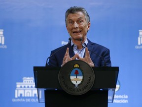 Argentina's President Mauricio Macri speaks at a press conference in Buenos Aires, Argentina, Wednesday, May 16, 2018. Investors gave a vote of confidence to the Macri government by renewing the Central Bank titles in the midst of a currency crisis.