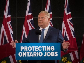 Ontario Premier-designate Doug Ford speaks to the media following a meeting with industry representatives in Toronto on Wednesday, June 13, 2018.