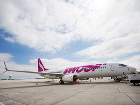 Swoop Airlines Boeing 737 on display during their media event, Tuesday, June 19, 2018 at John C. Munro International Airport in Hamilton, Ont.