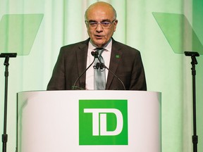 Bharat Masrani, CEO of TD Bank, received a more than 20% increase in total direct compensation to pull in $10.85 million in the 12 months ended Oct. 31, 2017.