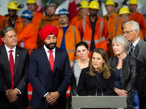 Navdeep Bains and Chrystia Freelance announce government support at Stelco on Friday.