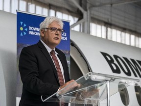 Francois Caza, Vice President of product development and chief engineer at Bombardier gives remarks during Bombardier's announcement of the creation of an aerospace innovation hub in Downsview park in Toronto, on Thursday, June 21, 2018.