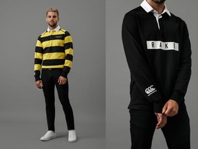 Pictured (L-R) Aedelhard jersey features a raglan long sleeve design with classic rugby collar and flat reinforced seams.