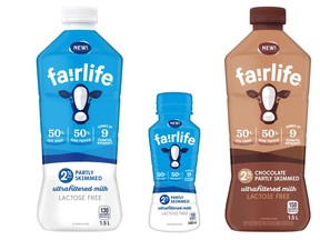 fairlife Ultrafiltered Milk shown in 1.5L 2% partly skimmed, 240mL 2% partly skimmed, 1.5L 2% chocolate partly skimmed, 240mL 2% chocolate partly skimmed. Will also be available in 1.5L Fat Free and 1.5L Whole 3.25%.