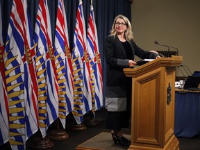 Minister of Agriculture Lana Popham provides an update about fish farms in the province during a press conference in the press gallery at the Legislature in Victoria, B.C., on Wednesday June 20, 2018.