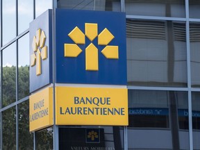 The Banque Laurentienne or Laurentian Bank logo is pictured Tuesday, June 21, 2016 in Montreal. Laurentian Bank Financial Group's second-quarter profit beat expectations as it climbed higher compared with a year ago.