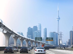 An artist rendering shows the Transpod Hyperloop transit system along the Gardiner Expressway in Toronto in this undated handout photo. A Canadian hyperloop company is threatening to relocate its headquarters to Europe unless it gets political support at home for the implementation of its technology that would transport goods and passengers through tubes at airplane speeds. Transpod CEO and co-founder Sebastien Gendron says politicians need to step up if they are serious about supporting the development of innovation in Canada. The company's proposed elevated network of pods travelling through low-pressure tubes at 1,000 kilometres per hour would cut transit time between Montreal and Toronto to less than an hour and relieve highway and airport congestion, he says.