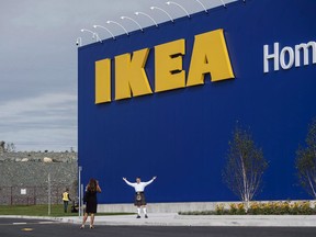 A man in a kilt poses in front of the new IKEA store in Halifax on Monday, September 25, 2017. IKEA is promising to eliminate all single-use plastic products from its home furnishing range by 2020.