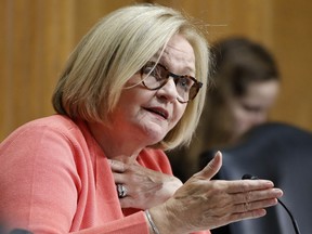 Sen. Claire McCaskill, D-Mo., asks a question of Secretary of Commerce Wilbur Ross during a Senate Finance Committee hearing on tariffs, on Capitol Hill, Wednesday, June 20, 2018 in Washington.