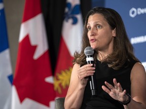 Foreign Affairs Minister Chrystia Freeland responds to questions following a luncheon speech in Montreal.