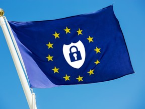 Real flag of European Union with safe icon about new european law inside