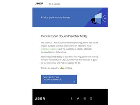 This screen grab of an email sent to an Uber user shows a message from the company about a possible new restriction on ride-sharing companies on Oahu. The Honolulu City Council is expected to pass a bill Wednesday, June 6, 2018 that would limit how much ride-hailing services like Uber and Lyft can charge during peak demand, when their rates typically skyrocket.