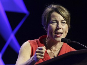 FILE - In this June 1, 2018 file photo, Massachusetts Attorney General Maura Healey speaks at the 2018 Massachusetts Democratic Party Convention in Worcester, Mass. Massachusetts has sued the maker of OxyContin over the deadly opioid crisis and has become the first state to also target the company's executives. Healey announced the lawsuit Tuesday, June 12 against Purdue Pharma and 16 current and former executives and board members, including CEO Craig Landau.