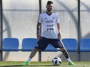 Argentina's Lionel Messi takes part during a team training session at the Sports Center FC Barcelona Joan Gamper, in Sant Joan Despi, Spain, Friday, June 1, 2018. Israel will play against Argentina next 9 June in a friendly soccer match.