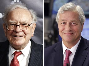 This combo of file photos shows Warren Buffett attending the Forbes 100th Anniversary Gala in New York on Sept. 19, 2017, left, and JP Morgan Chase Chairman and CEO Jamie Dimon on the floor of the New York Stock Exchange on July 12, 2013. Investors Buffett and Dimon are encouraging public companies to stop predicting their quarterly earnings and focus on long-term goals. The two executives said on CNBC Thursday, June 7, 2018, that companies that focus on hitting their quarterly numbers may do things that hurt them in the future, such as delaying investments or changing when certain gains are recorded. (AP Photos)