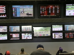 FILE - In this May 14, 2018, file photo, men watch horse racing on an array of screens at Monmouth Park Racetrack in Oceanport, N.J. New Jersey's proposed sports betting law is heading down to the wire, with final legislative approval expected on Thursday, June 7.