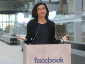 FILE - In this Jan. 17, 2017, file photo, Chief Operating Officer of Facebook, Sheryl Sandberg, delivers a speech during the visit of a start-up companies gathering at Paris' Station F in Paris. Sandberg, who oversees Facebook's business operations, is scheduled to deliver the commencement address at the Massachusetts Institute of Technology on Friday, June 8, 2018.