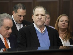 FILE - In this May 25, 2018 file photo, Harvey Weinstein, center, listens during a court proceeding in New York during his arraignment on rape and other charges. On Friday, June 1, 2018, a new rape allegation was made against Weinstein as part of a lawsuit alleging he had help covering up his misconduct with women. Melissa Thompson says that when she was meeting with Weinstein in 2011 to pitch internet technology, he cornered her and "out-muscled" her as she tried to fight him off.