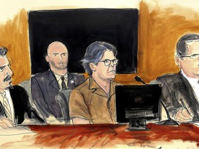 FILE- In this April 13, 2018 courtroom sketch Keith Raniere, second from right, leader of the secretive group NXIVM, attends a court hearing in the Brooklyn borough of New York. Lawyers for the jailed founder of the purported self-help group say he's being persecuted by the government's "morality police." The accusation was made in court papers filed late Tuesday, June 5 seeking Raniere's release on $10 million bond.