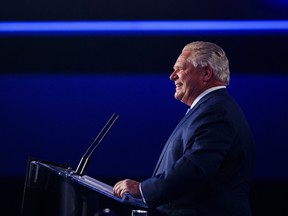Ontario PC leader Doug Ford speaks to supporters after winning a majority government in the Ontario Provincial election in Toronto, on Thursday, June 7, 2018.