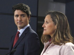 Prime Minister Justin Trudeau and Foreign Affairs Minister Chrystia Freeland speak at a press conference in Ottawa on Thursday, May 31, 2018. Canada is imposing dollar-for-dollar tariff "countermeasures" on up to $16.6 billion worth of U.S. imports in response to the American decision to make good on its threat of similar tariffs against Canadian-made steel and aluminum.THE CANADIAN PRESS/ Patrick Doyle