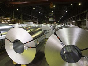 Rolls of coiled coated steel are shown at Stelco before a visit by the Chrystia Freeland, Minister of Foreign Affairs, in Hamilton on Friday, June 29, 2018.