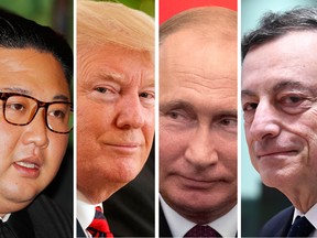 North Korea leader Kim Jong Un, from left, U.S. President Donald Trump, Russian president Vladimir Putin and European Central Bank president Mario Draghi are among the potential market movers this week.