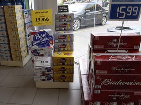 Beer is on display inside a store in Drummondville, Que.