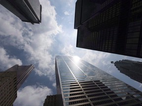 Bank towers are shown from Bay Street in Toronto's financial district.