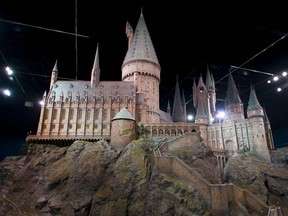 A model of Hogwarts castle from the Harry Potter film series at Warner Bros Studio Tour in London.