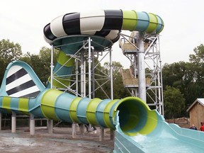 This June 22, 2018, photo from video provided by KSDK-TV shows the new water slide Typhoon Twister at Six Flags St. Louis. No government officials conducted a safety inspection of a new waterslide at Six Flags St. Louis before a woman said she suffered whiplash last month from the force of the "Typhoon Twister" that featured a five-story drop and a "45-foot zero gravity wave wall." (KSDK-TV via AP)